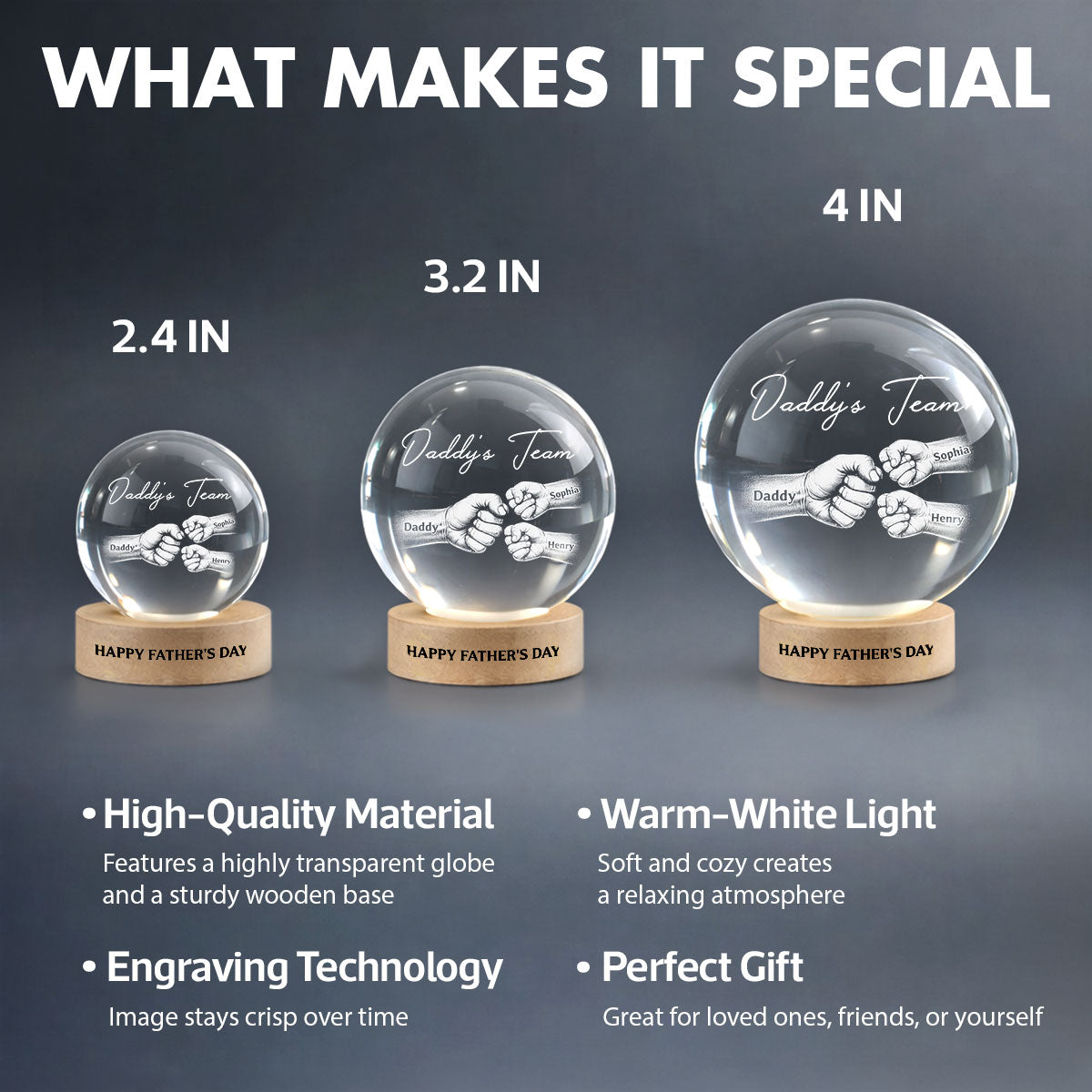 Daddy's Team Fist Bump - Personalized Crystal Ball LED Night Light - Father's Day Gift For Dad, Husband