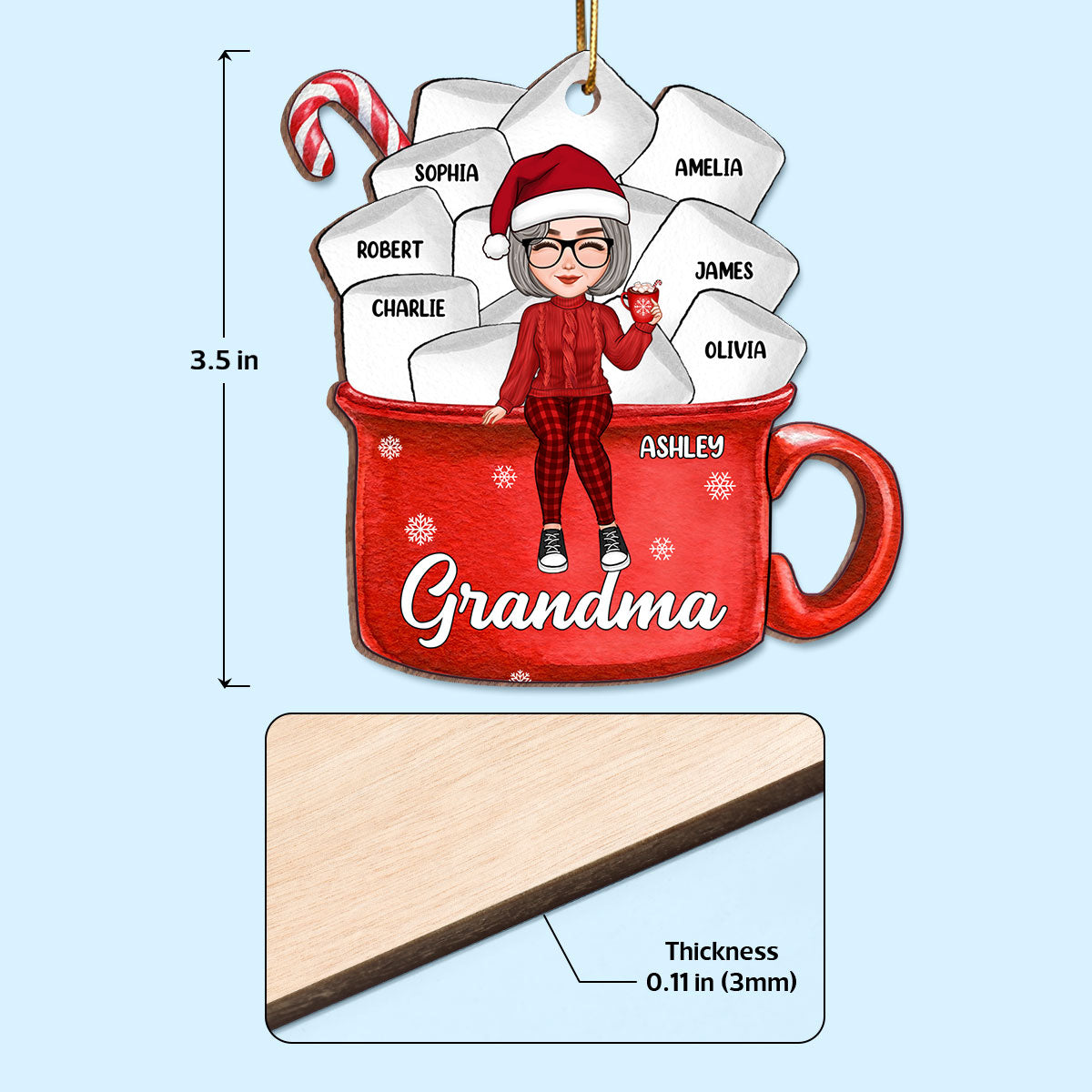 Grandma Mom Hot Cocoa Kids Marshmallows Personalized Wooden Ornament