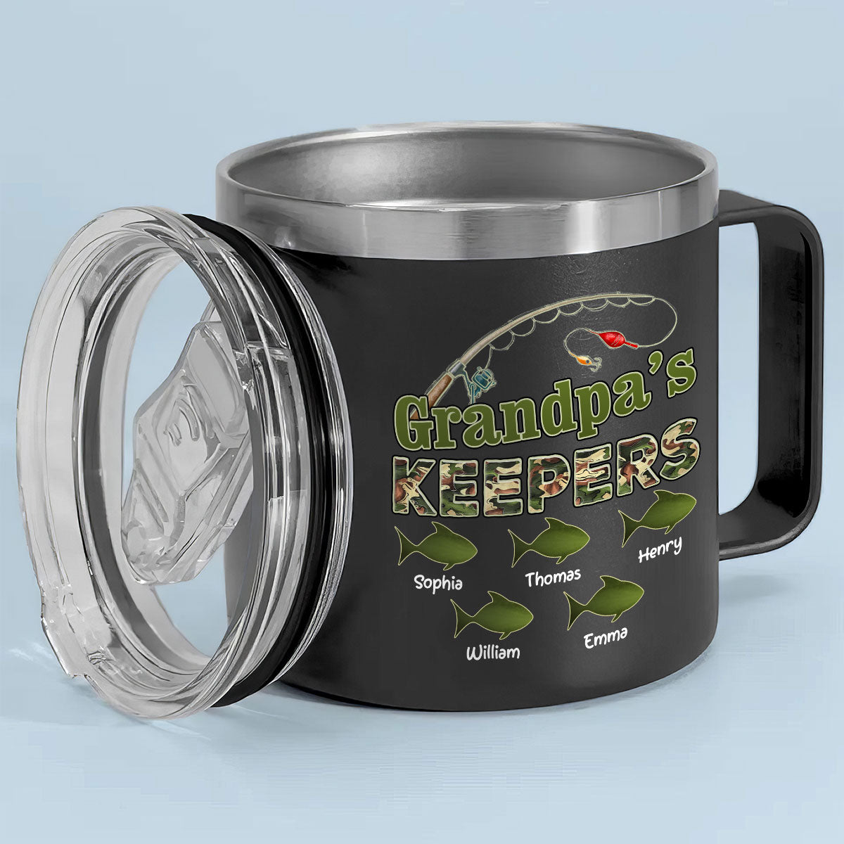 Grandpa's Keepers Fishing Camouflage Personalized Stainless Steel Tumbler With Handle
