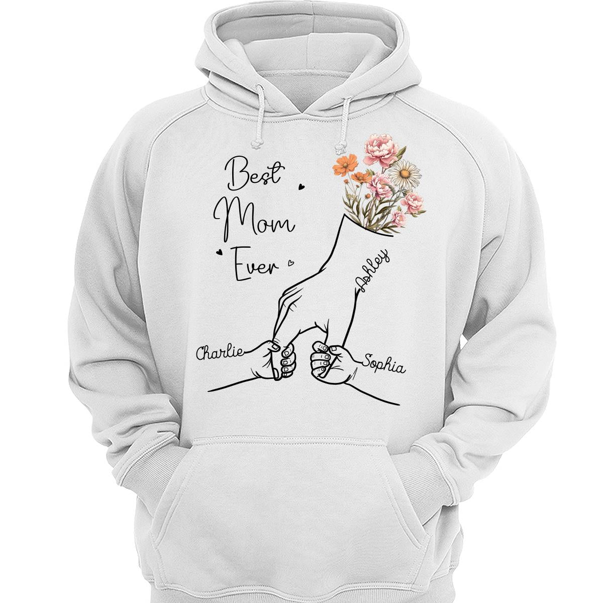 Best Mom Grandma Ever Outline Kids Holding Hand Birth Flowers Personalized Shirt