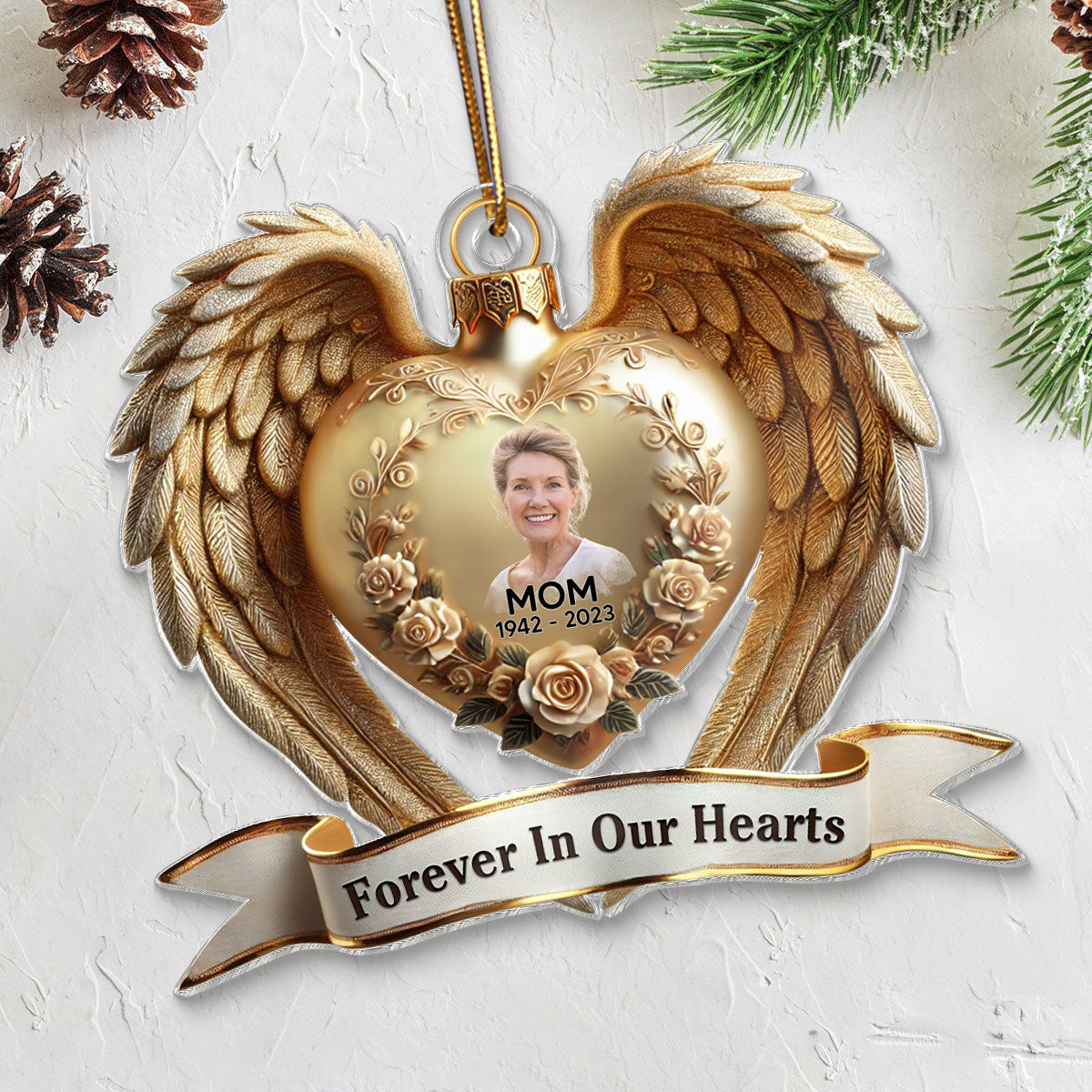 Forever In Our Hearts Angel Wings Photo Upload Memorial Keepsake 3D Effect Personalized Acrylic Flat Ornament