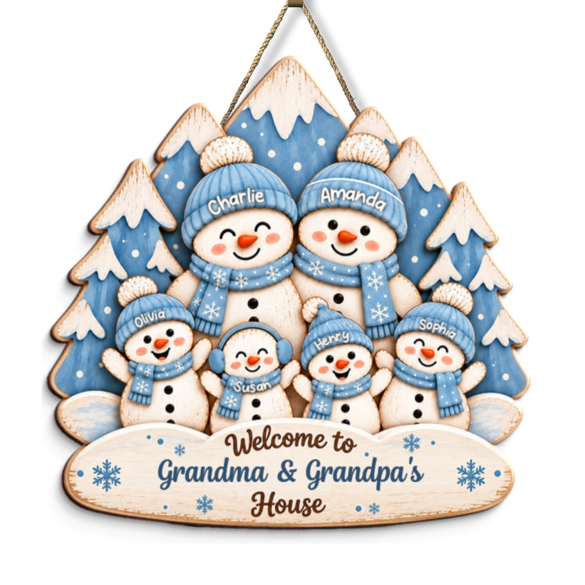 Blue Winter Forest Snowman Grandparents & Grandkids 2D Flat Printed - Personalized Wood Sign - Christmas Gift For Grandma & Grandpa