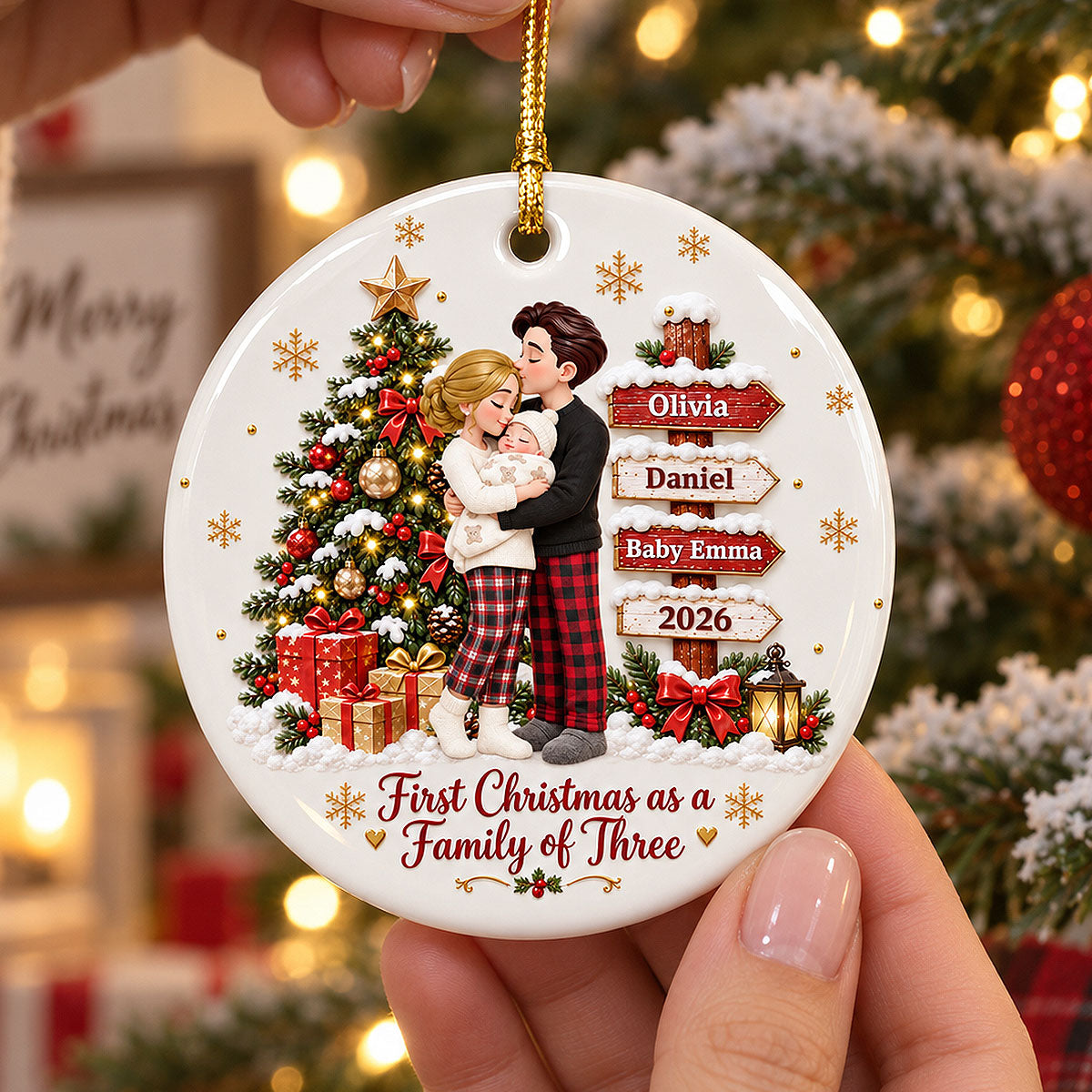 First Christmas As Family Of Three 2D Flat Printed - Personalized Ceramic Ornament - Christmas Tree Keepsake For New Parents
