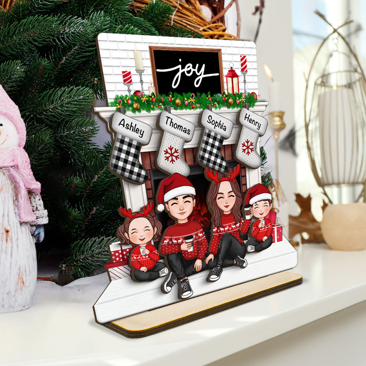 Cute Family Dad Mom Kids Sitting At Christmas Fireplace Personalized 2-Layer Standing Wooden Plaque