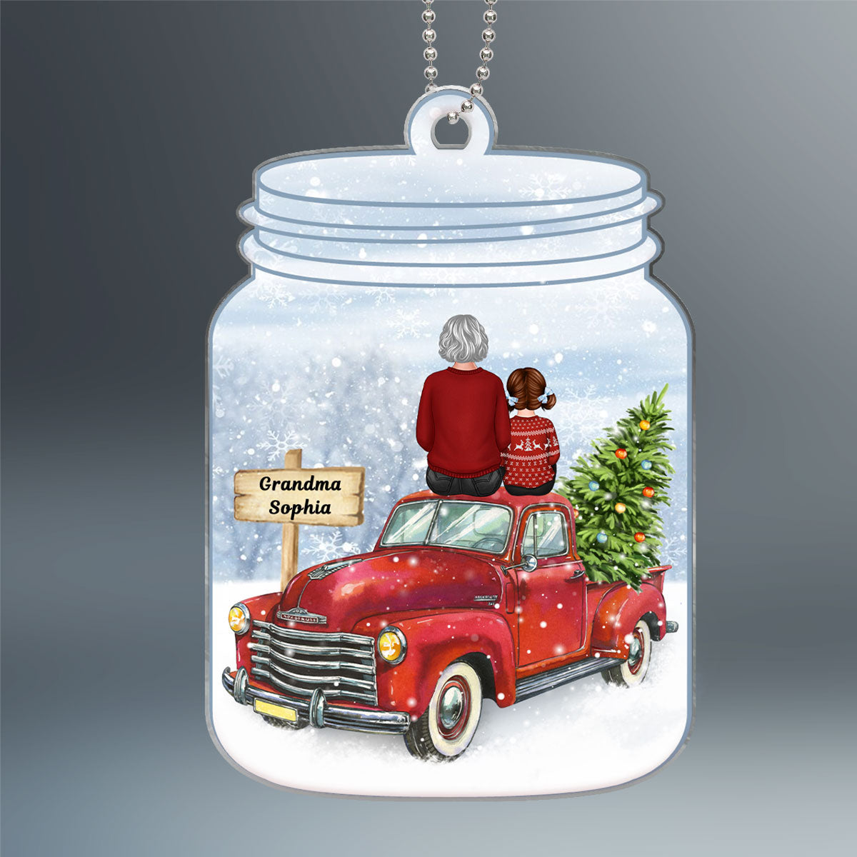 Grandma Grandkid Sitting On Christmas Truck In Mason Jar Personalized Acrylic Ornament