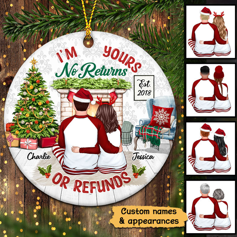 Pajamas Couple Back View Sitting At Fireplace I‘m Yours No Returns Or Refund Personalized Circle Ornament
