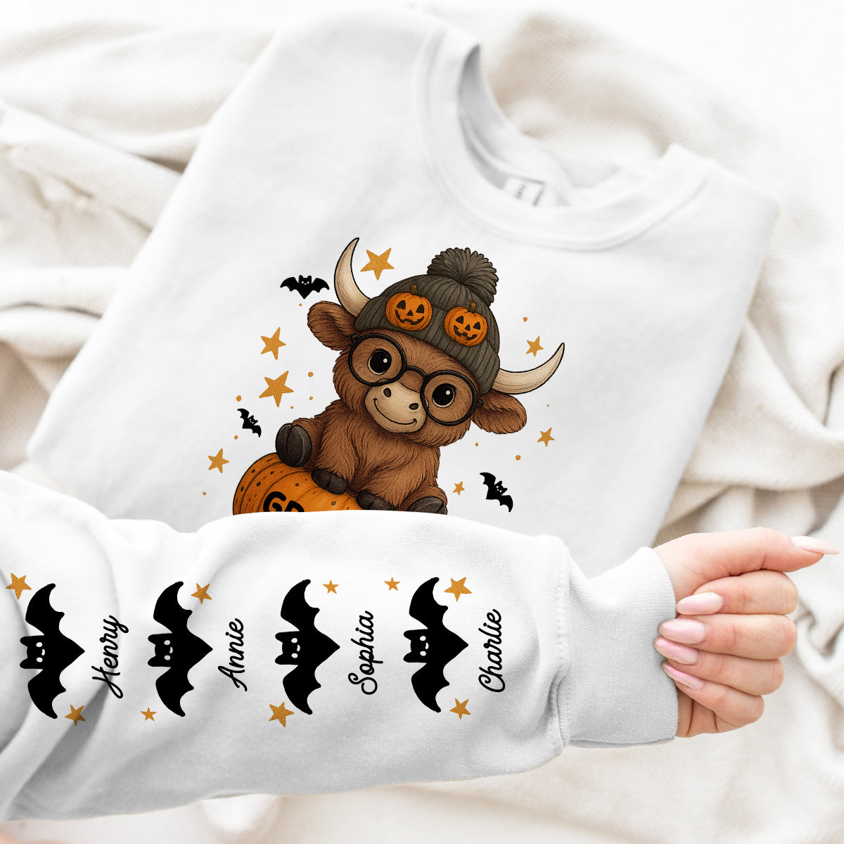 Halloween Highland Cow Grandma Personalized Sleeve Printed Sweatshirt