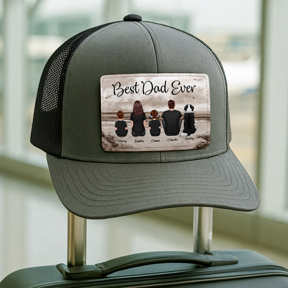 Family Sitting Retro Vintage Beach Landscape Personalized Leather Patch Hat, Gift For Dad