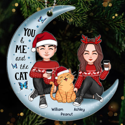 Couple And Smiling Cat On Moon Personalized Acrylic Ornament