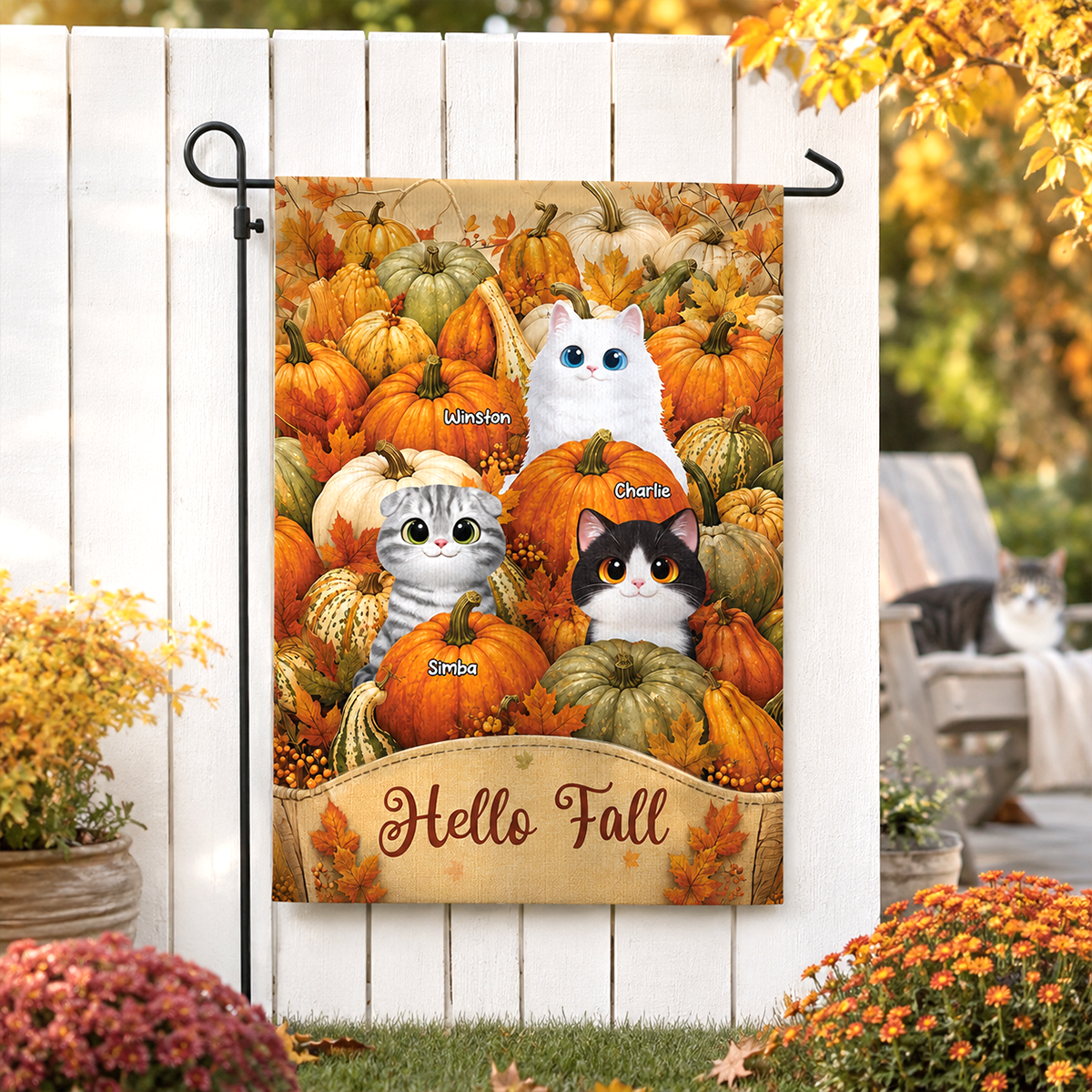 Hello Fall Cute Cat Peeking In Fall Pumpkin Patch - Personalized Garden Flag - Fall Season Decor For Cat Lover