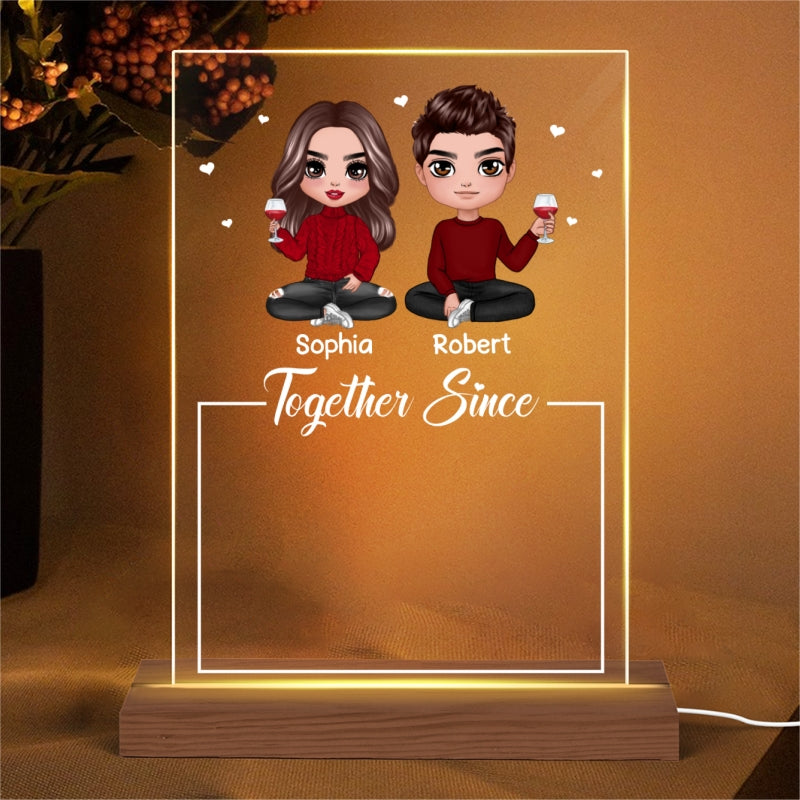 Doll Couple Sitting Together Since Personalized Acrylic Plaque LED Night Light - Anniversary Gift For Couple - Gift For Him Gift For Her