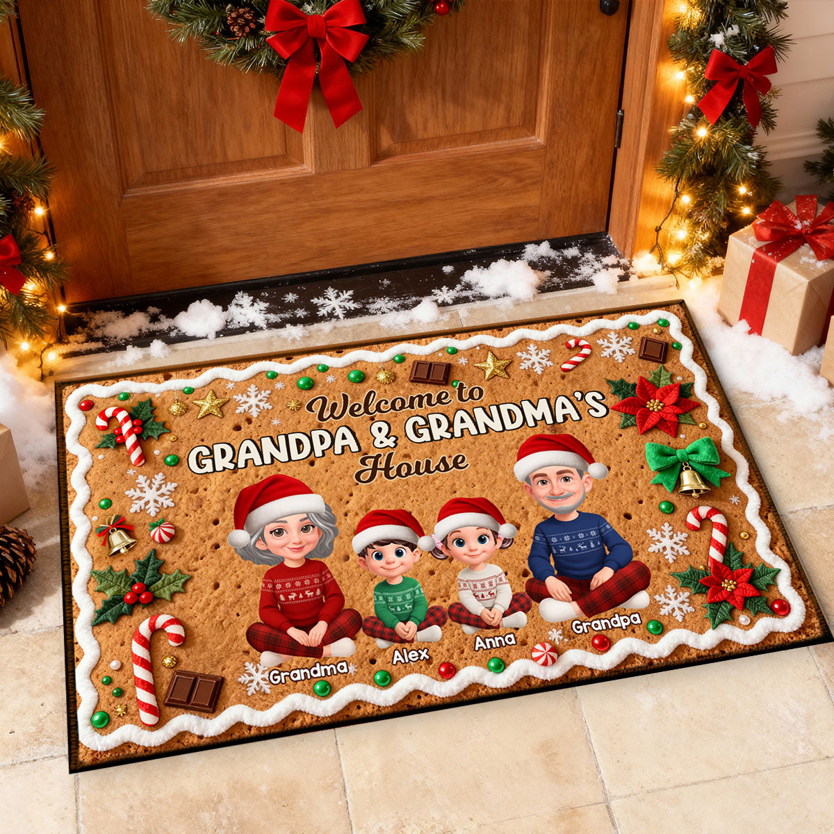 3D Effect Gingerbread Theme Welcome To Grandpa Grandma House Christmas - Personalized Doormat