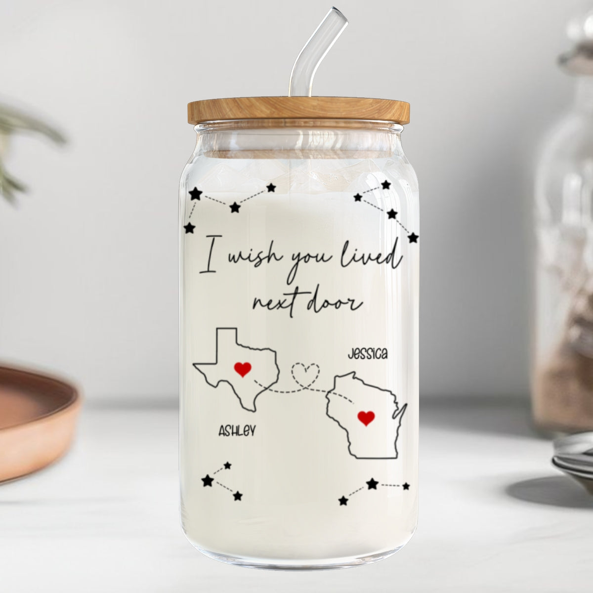 I Wish You Lived Next Door Personalized Tumbler Glass Can, Long Distance Friends Family Sisters Gift
