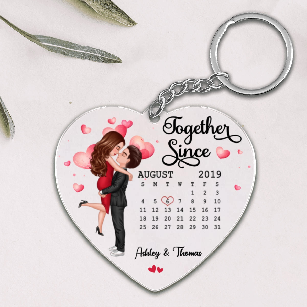 Doll Couple Hugging Kissing Together Since Anniversary Date Calendar Personalized Heart Acrylic Keychain - Gift For Couple - Gift For Him, Gift For Her