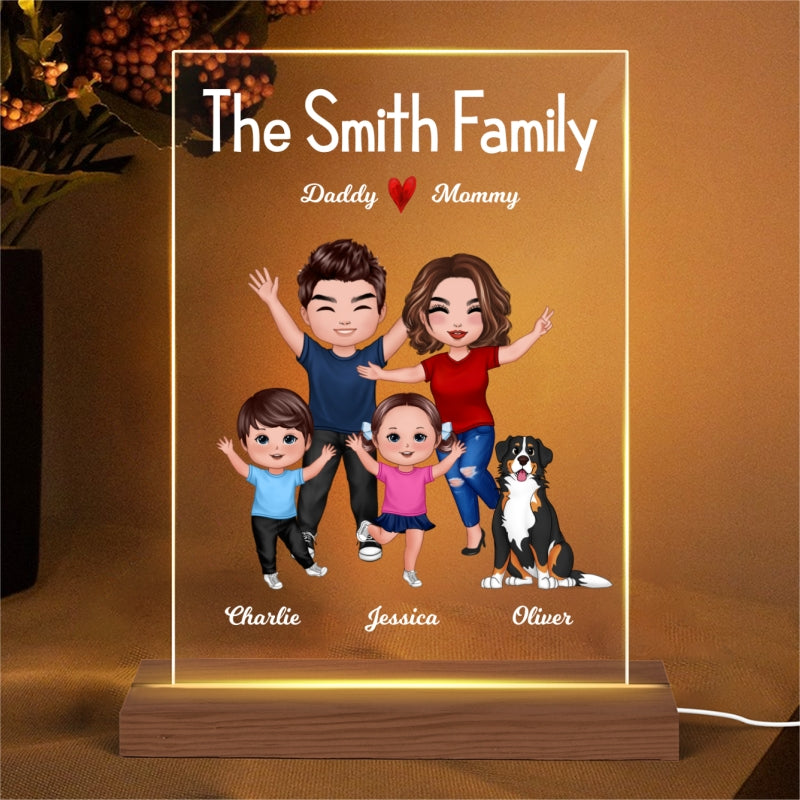 Happy Family Doll Couple Dad Mom Kids Dogs Cats Personalized Rectangle Acrylic Plaque LED Lamp Night Light