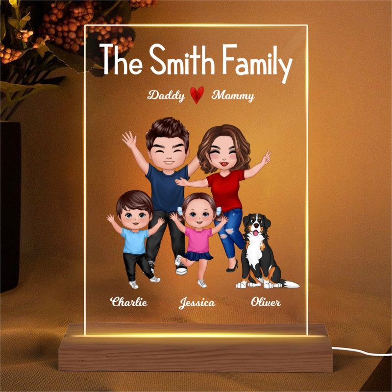 Happy Family Doll Couple Dad Mom Kids Dogs Cats - Personalized Acrylic Block Plaque LED Night Light