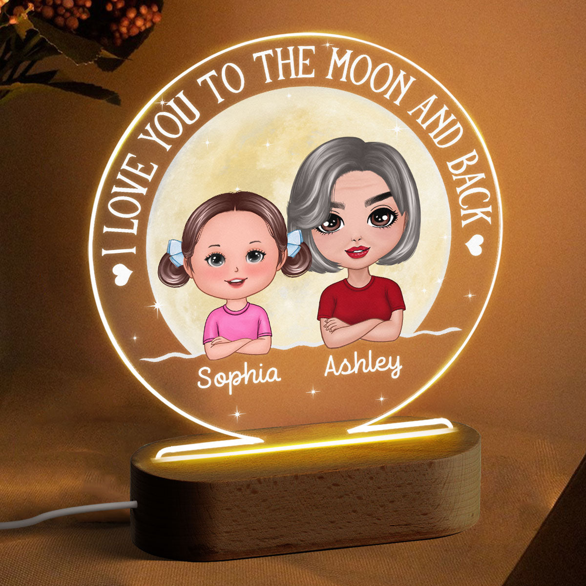 Grandma & Grandkids Love To The Moon Personalized Circle Acrylic Plaque With LED Night Light