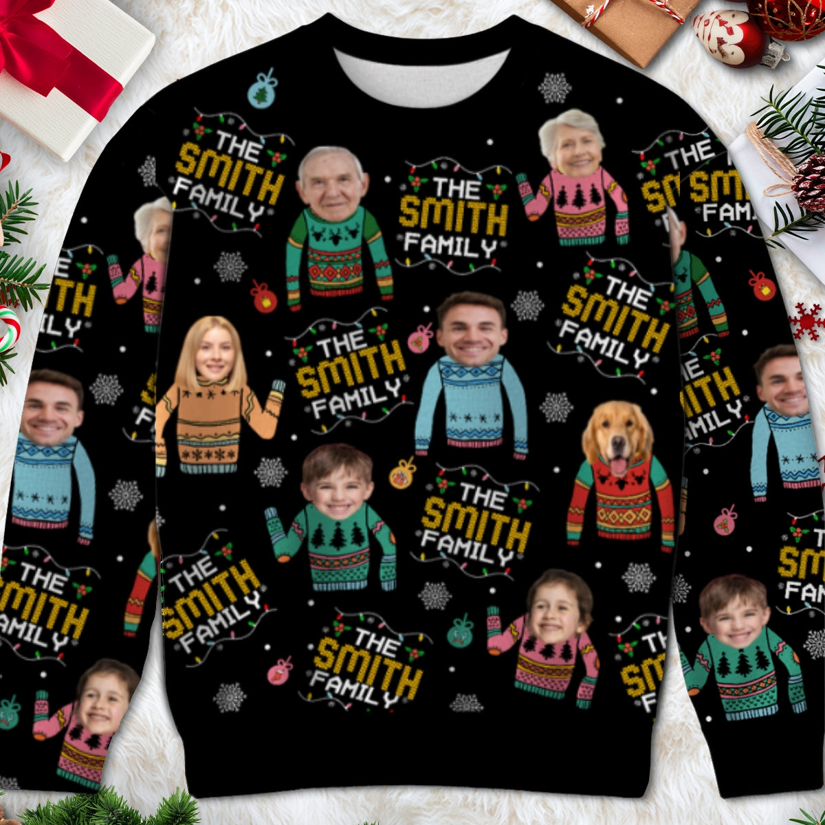 Family Photo Upload Funny Christmas Personalized Faux Knit Ugly Sweater