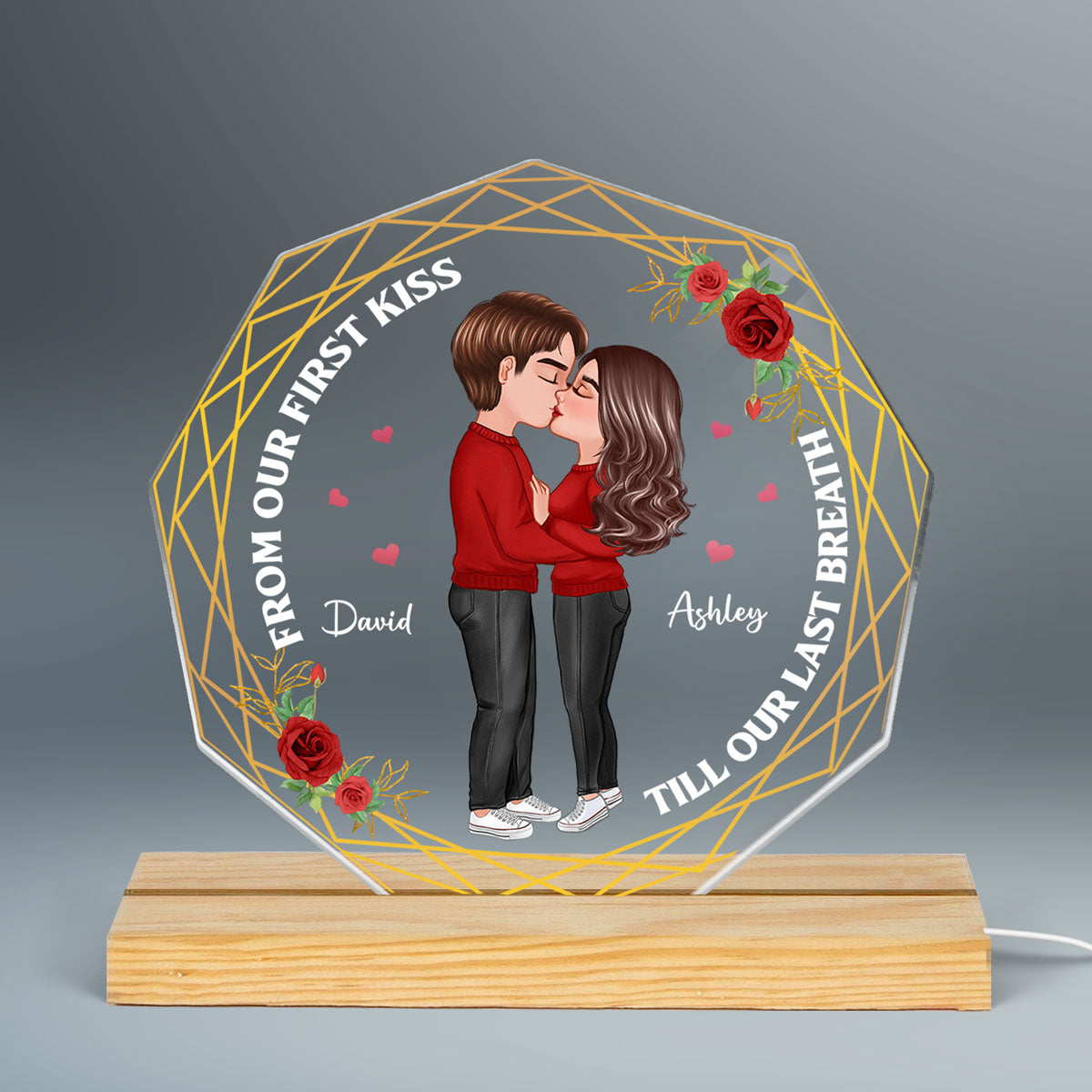 Doll Couple Kissing Nonagon Personalized Custom Shape LED Night Light - Gift For Him Gift For Her