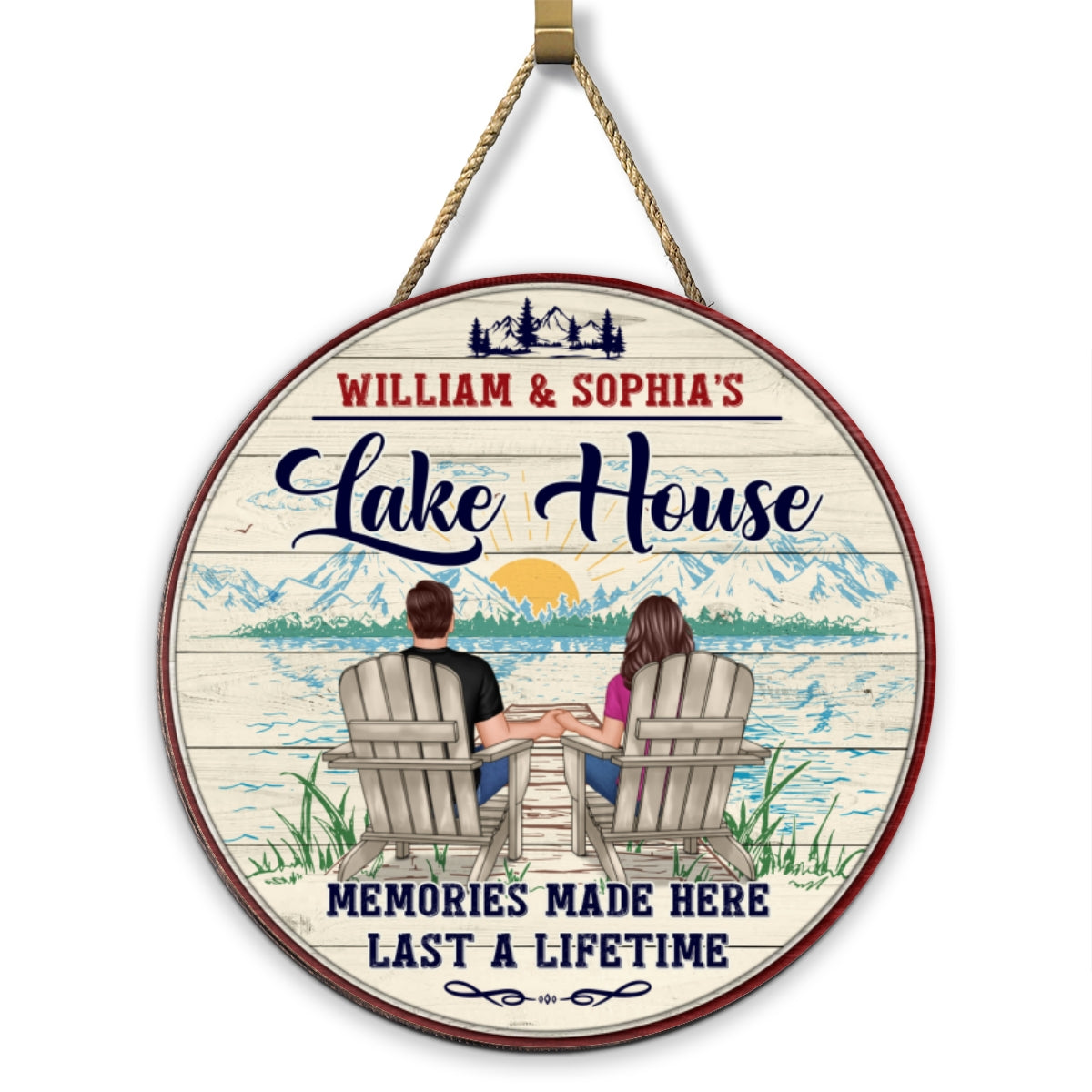 Memories Made Lake House Couple Sitting Personalized Wood Sign