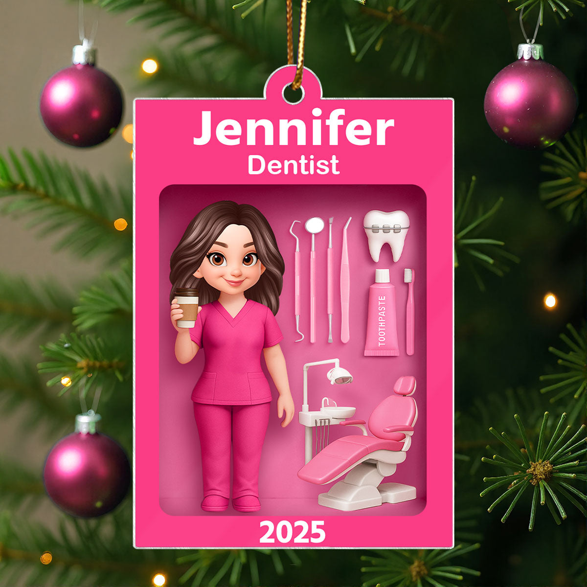 Pink Dentist Action Figure - Personalized Acrylic Ornament - Unique Christmas Gift For Dentist