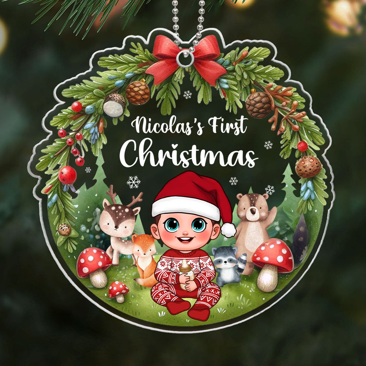 Animated Woodland Animals Baby's First Christmas Personalized Acrylic Ornament