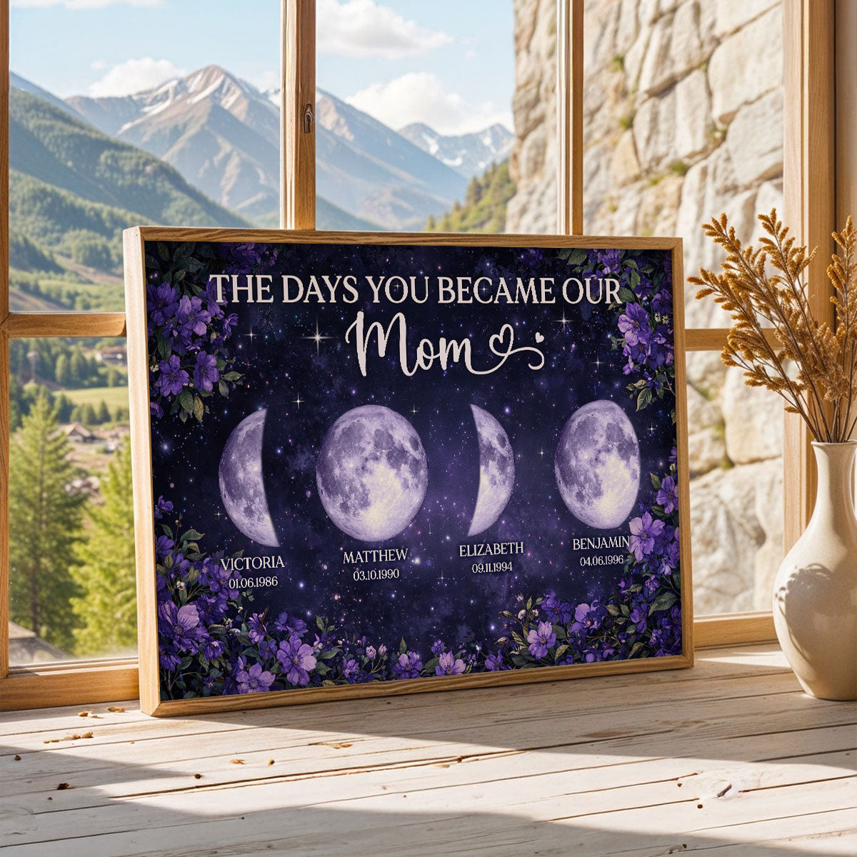 Purple Flowers The Day You Became Mom Grandma Custom Birth Moon Phase - Personalized Poster - Mother's Day Gift For Mom, Grandma