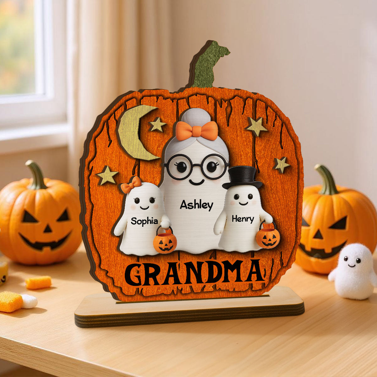 Halloween Grandma Grandkids Boo Pumpkin Shaped Pesonalized 2-Layer Standing Wooden Plaque, Tabletop Tier Tray Decor
