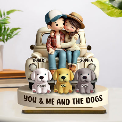 Couple On Truck You Me And The Dog Cats Personalized 2-Layer Standing Wooden Plaque, Heartfelt Gift For Couple, For Dog Lovers, Cat Lovers, Pet Lovers