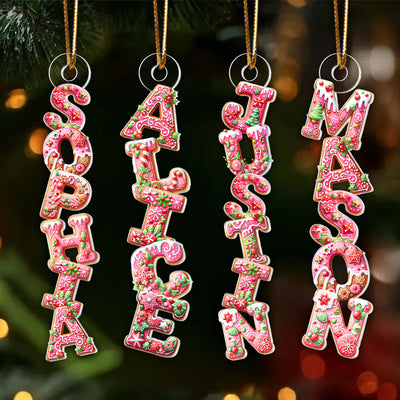 Pink Gingerbread Alphabet Custom Name - Personalized Acrylic Ornament - Christmas Tree Decor