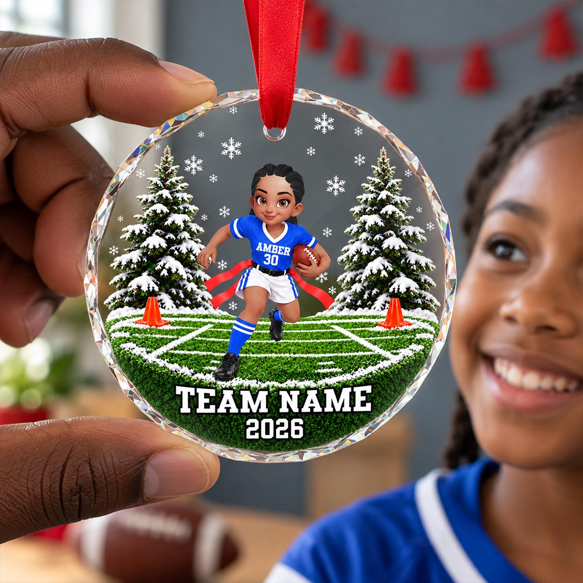 Flag Football Player 2D Flat - Personalized Glass Ornament - Custom Boy & Girl, Team Name Keepsake, Gift for Young Athletes