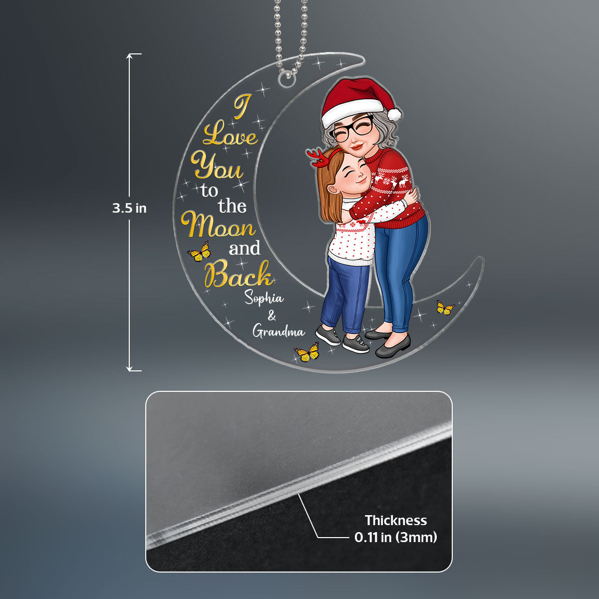 Grandma & Granddaughter Grandson Hugging On Moon Personalized Acrylic Ornament