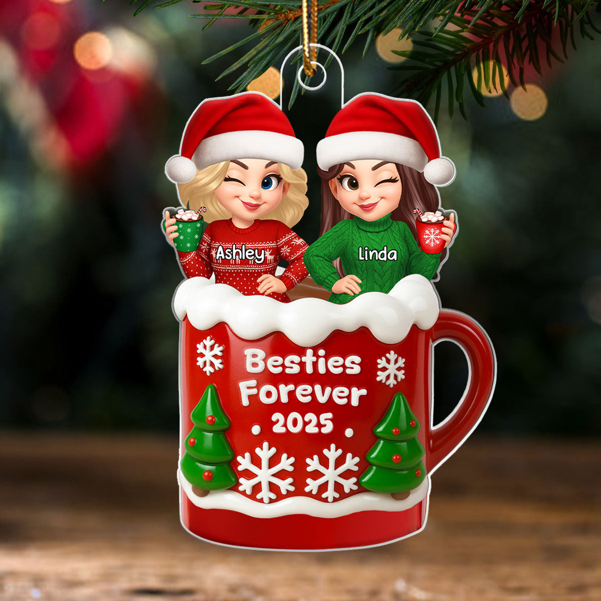 Christmas Besties Sisters In Hot Cocoa 3D Effect Personalized Acrylic Ornament