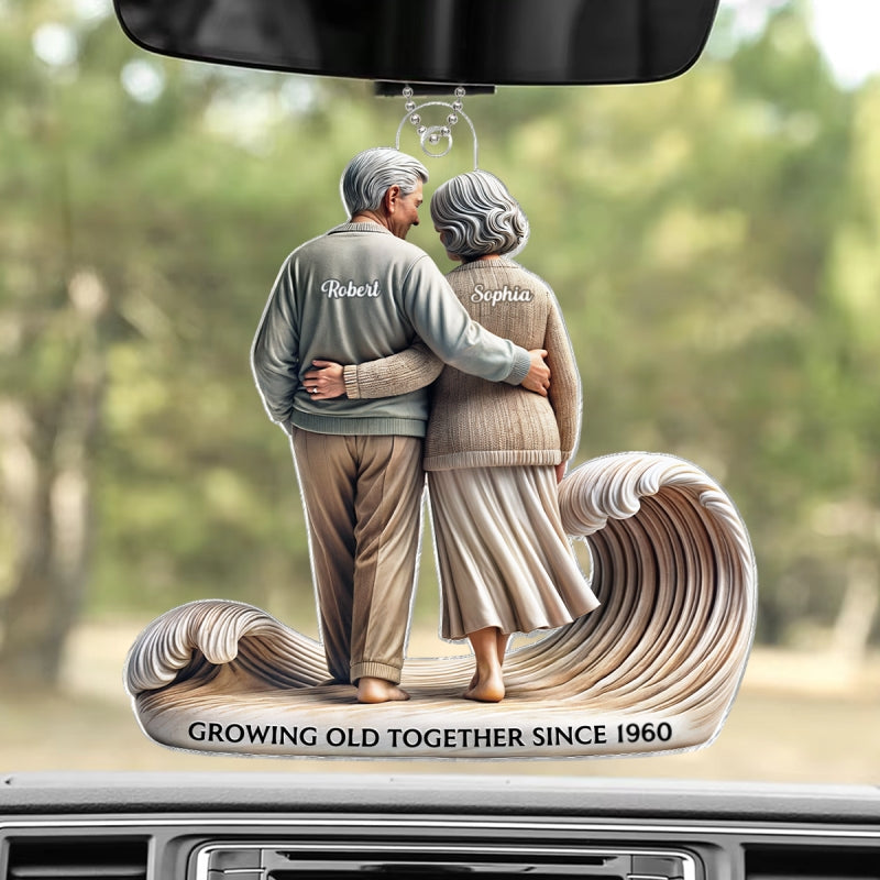 3D Effect Old Couple Embracing Walking Together On The Beach Personalized Car Hanger Ornament, Heartfelt Gift For Couple, For Him, For Her, Husband, Wife