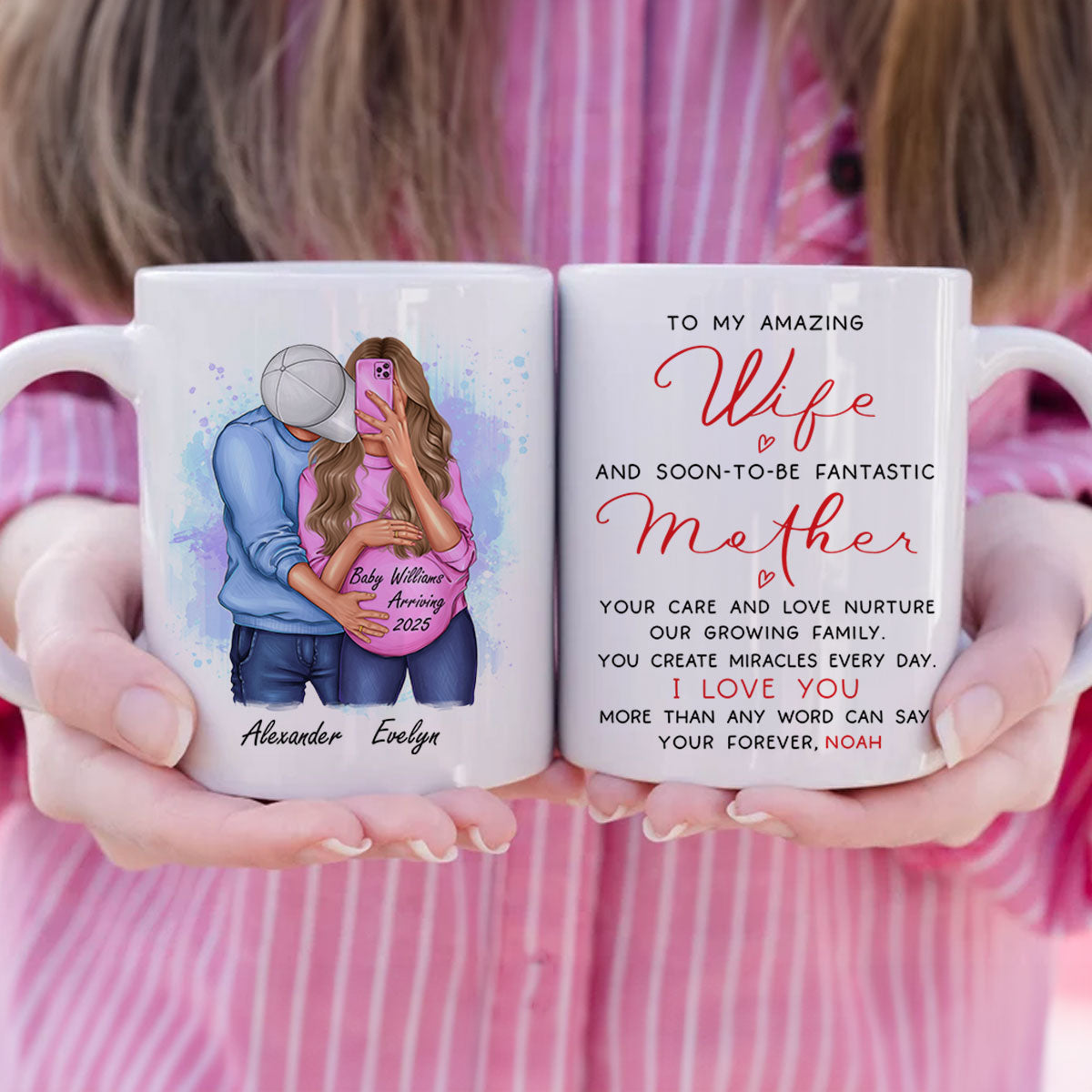 Personalized  Pregnant Wife Mug, Hugging Couple, Expecting From Husband Gift, Mom To Be Vday Gift, Romantic Pregnancy Gift