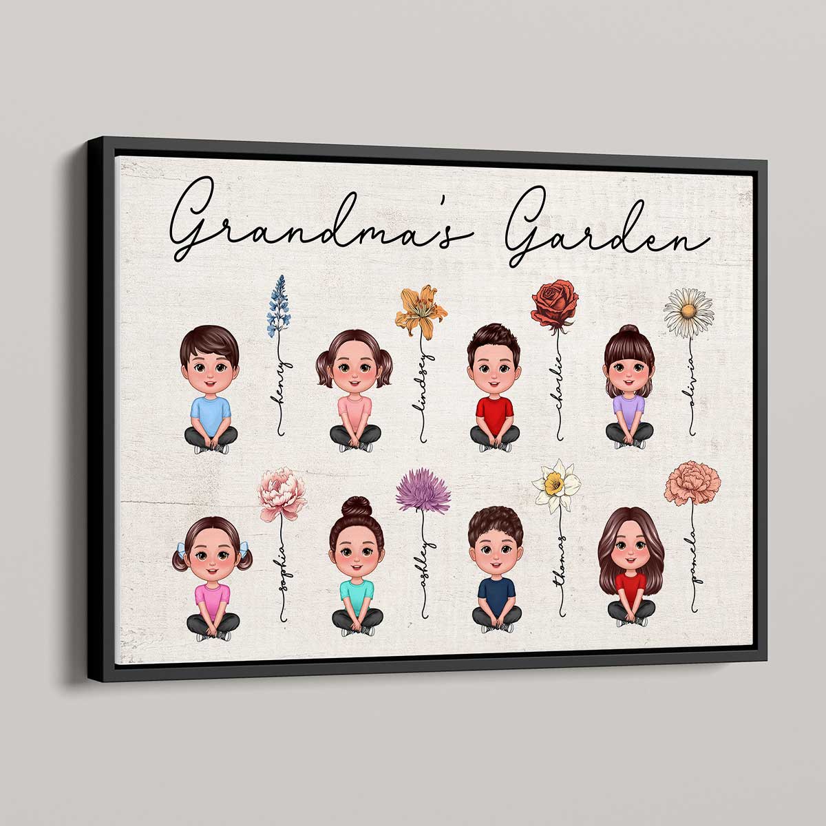 Grandkids Sitting Crossed Legs Grandma Garden Vintage Birth Month Flowers Mother‘s Day Gift Personalized Horizontal Poster
