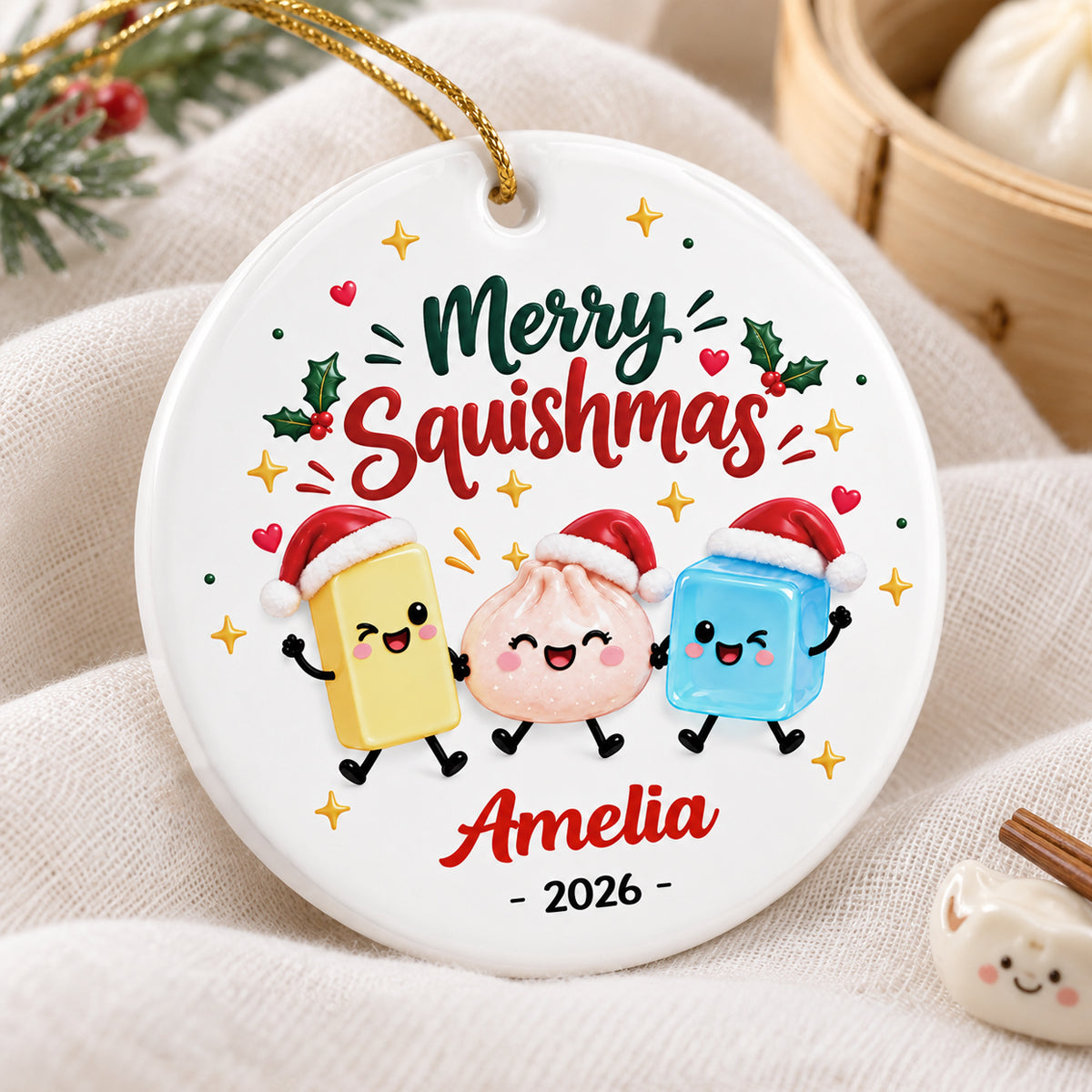 Merry Squishmas 2026 Custom Name - Personalized Ceramic Ornament - Christmas Keepsake For Squishy Hunting Lover, Viral Squishy Dumpling Trend