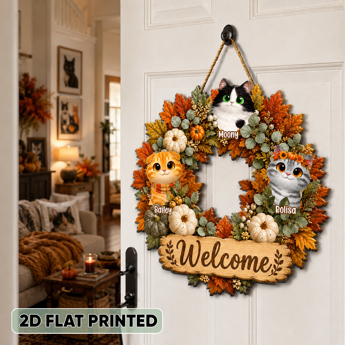 Fall Pumpkin Wreath Cats - Personalized Door Sign - Fall Season Decor Gift, Gift For Cat Lovers
