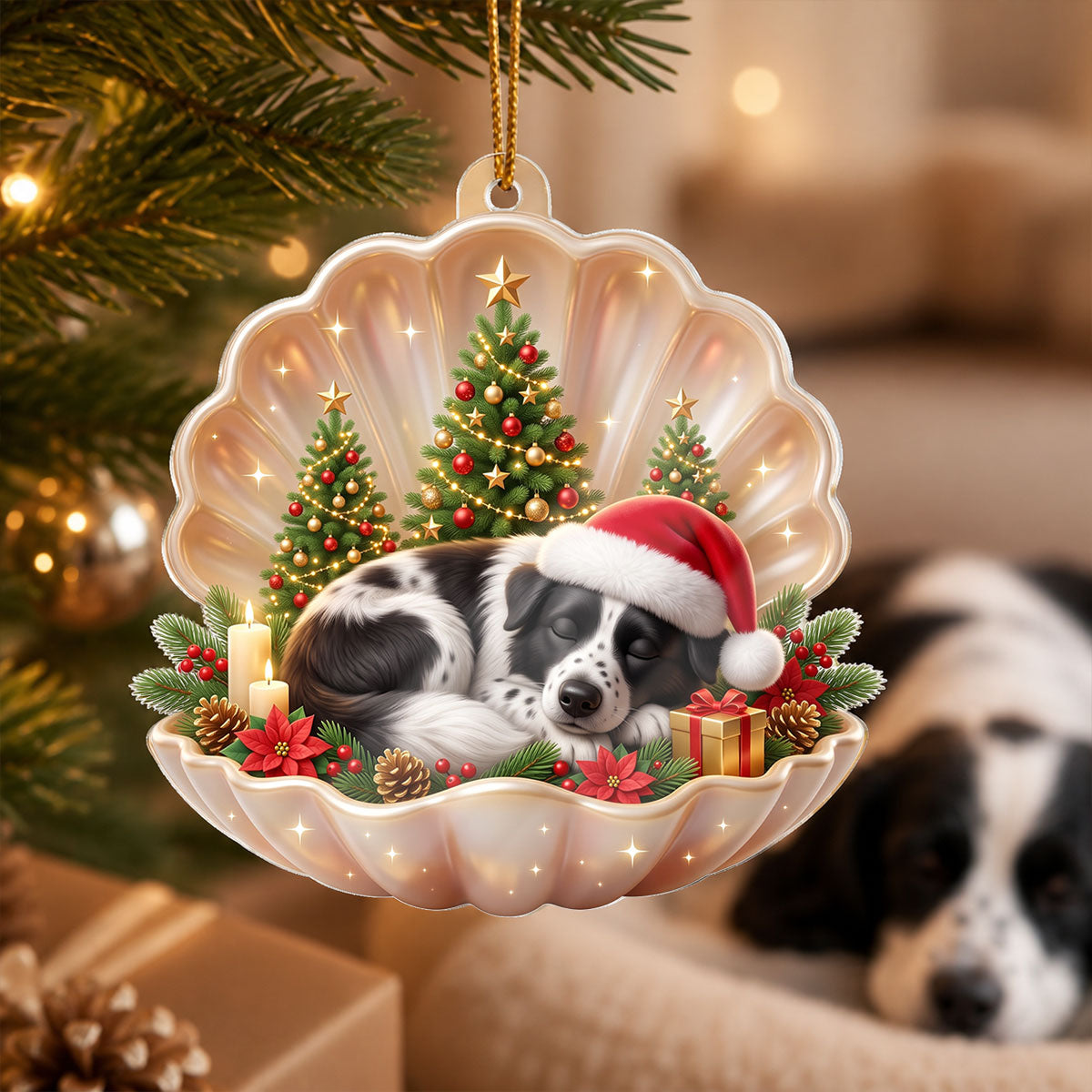 Dog Cat Sleeping in Pearl Shell - Personalized Acrylic Ornament - Christmas Gift for Pet Lovers
