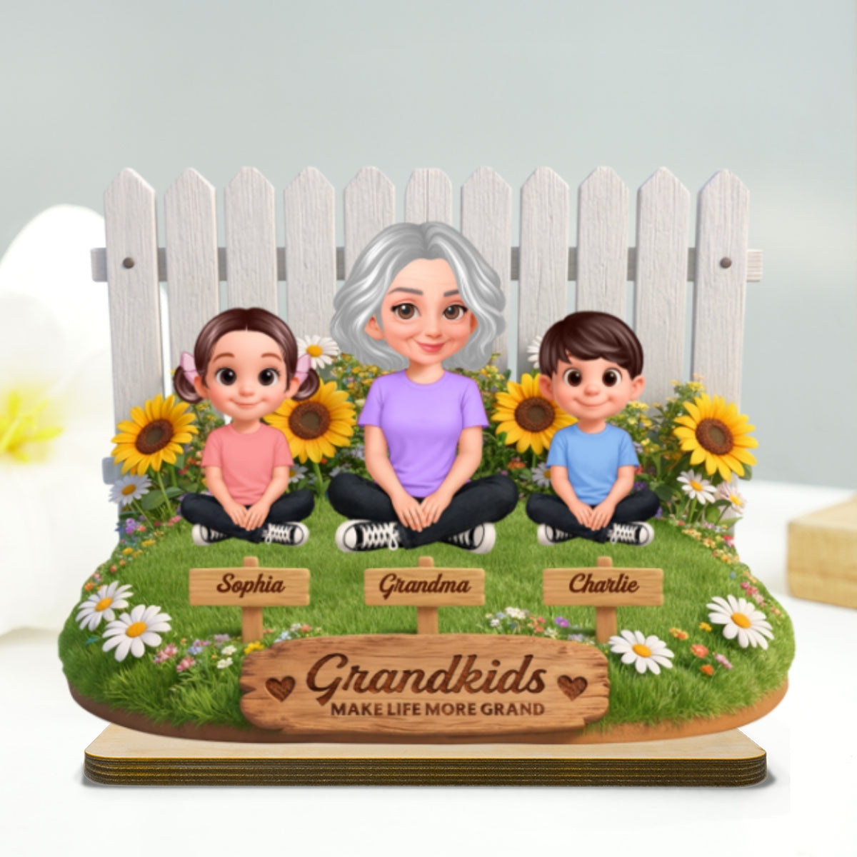 Together by the Fence Grandma Grandkids - Personalized 2-Layered Wooden Plaque - Gift For Grandma