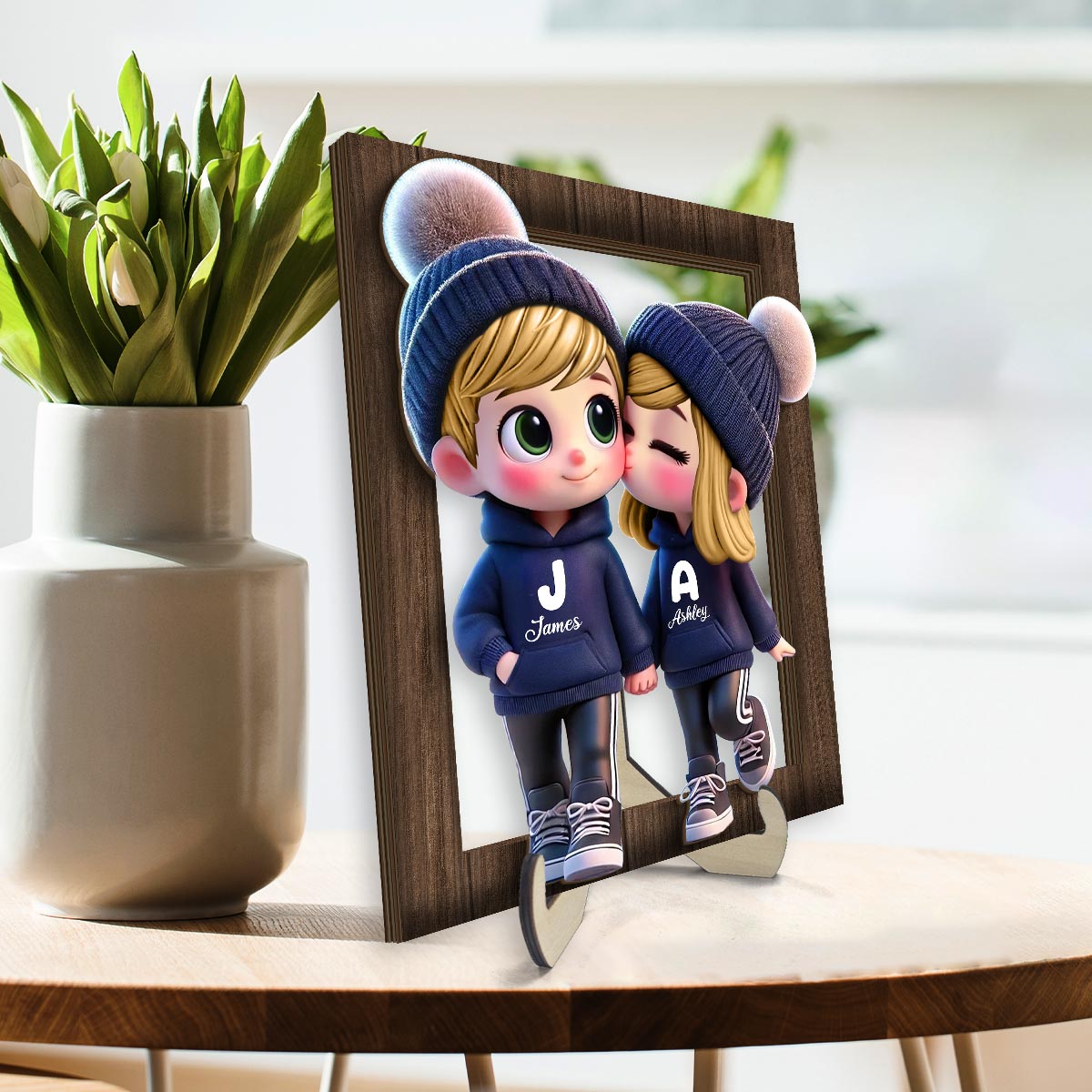 3D Effect Cute Cartoon Couple Walking Personalized 2-Layered Wooden Plaque,  Gift for Him, Gift for Her