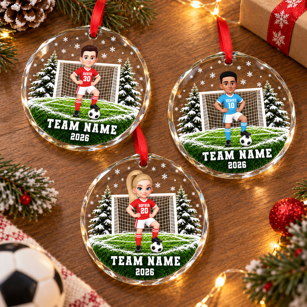 Soccer Player 2D Flat - Personalized Glass Ornament – Custom Boy & Girl Soccer Christmas Keepsake, Team Name & Year, Gift for Soccer Lovers