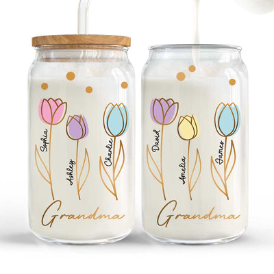 Grandma Mom Auntie Tulip Flowers Kids Names Personalized Clear Glass Can