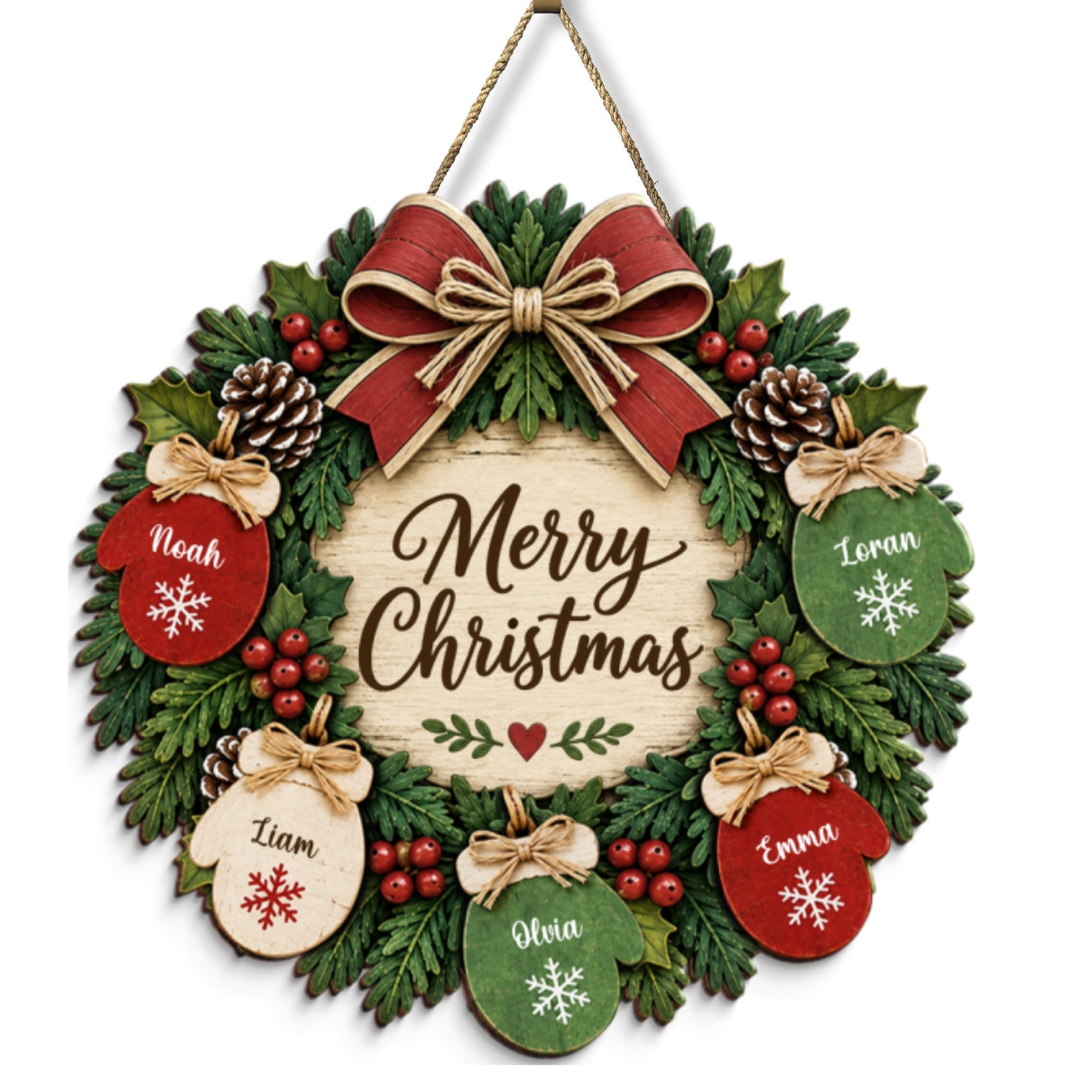 Home For The Holidays Mittens On Wreath 2D Flat Printed - Personalized Wood Sign - Christmas Decor For Family, Grandparents