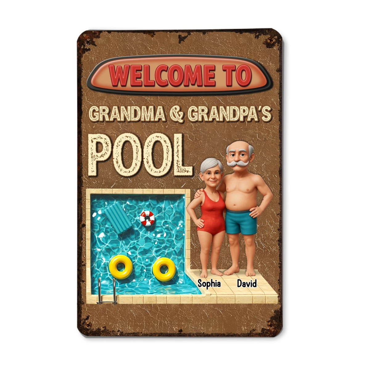 3D Effect Welcome To Grandma Grandpa Pool Personalized Metal Sign