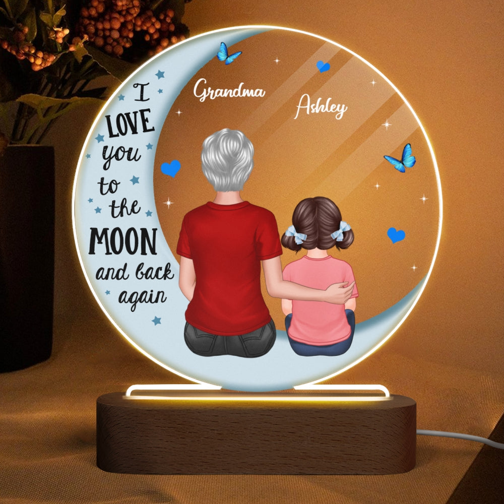 Grandma Hugging Grandkids Blue Moon Personalized Circle Acrylic LED Lamp Night Light