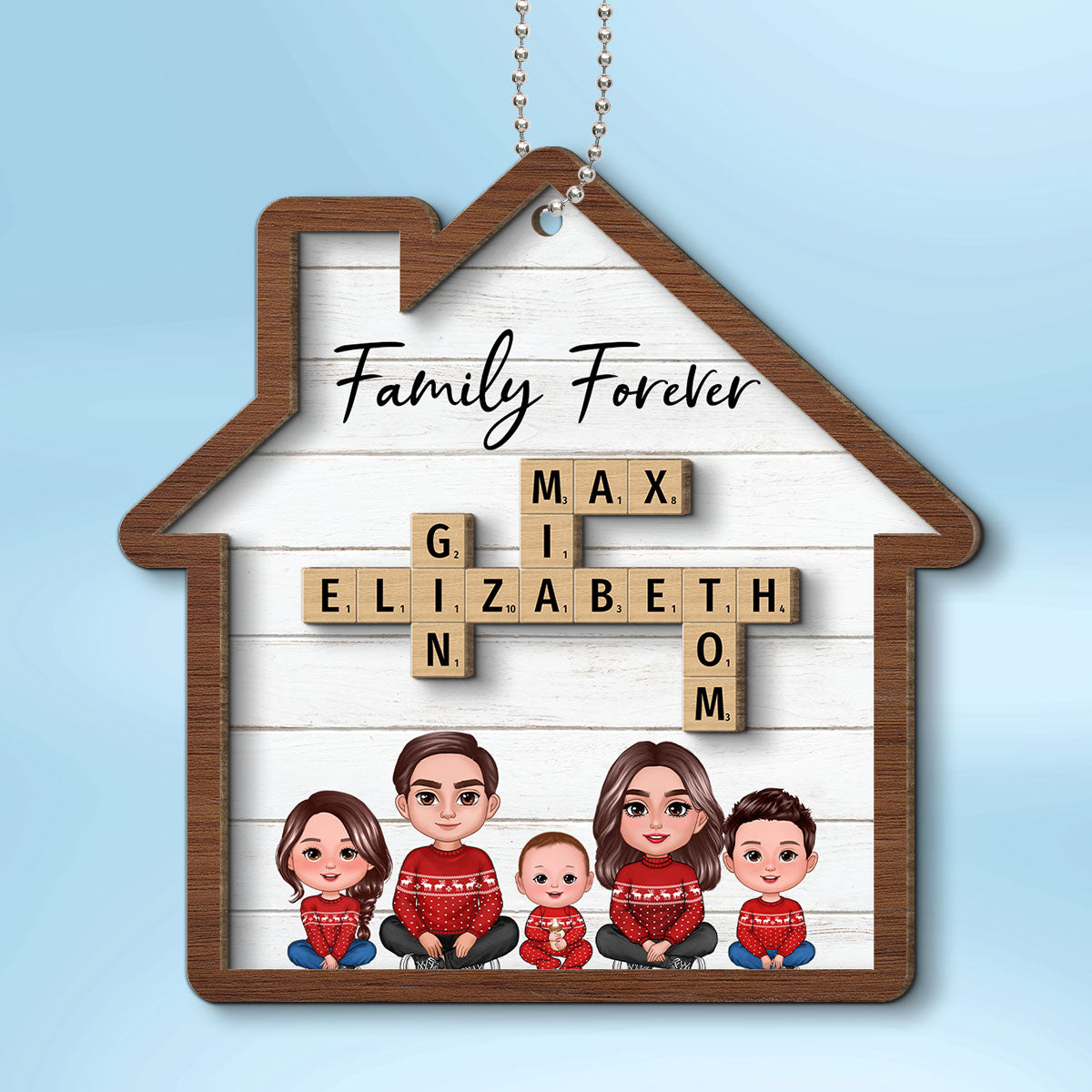 Family Sitting Together Crossword Puzzle Art Personalized House Shaped 2-Layer Wooden Ornament