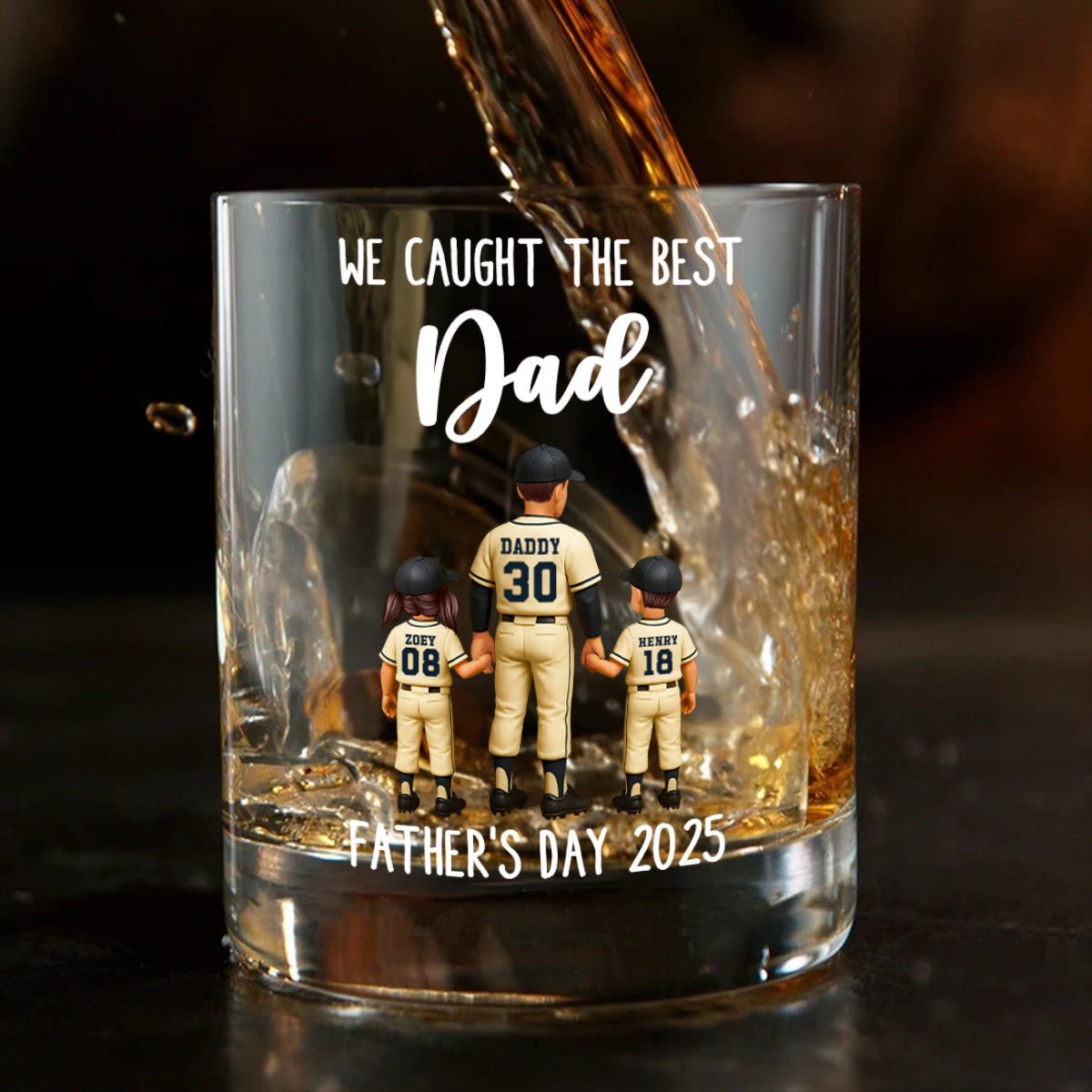 We Caught The Best Dad Baseball Personalized Whiskey Glass, Dad And Kids Holdhing Hands, Father's Day Gift for Dads