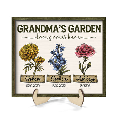 Grandma‘s Garden Love Grows Here Vintage Birth Month Flower Personalized 2-Layer Wooden Plaque