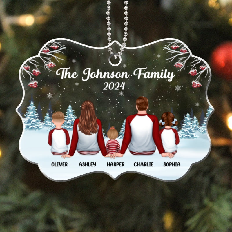 Family In Snow Pajamas Sitting Personalized Acrylic Ornament
